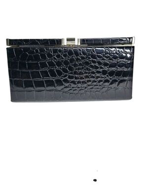 LOFT Black Croc Embossed Patent Clutch | Structured Frame Evening Bag